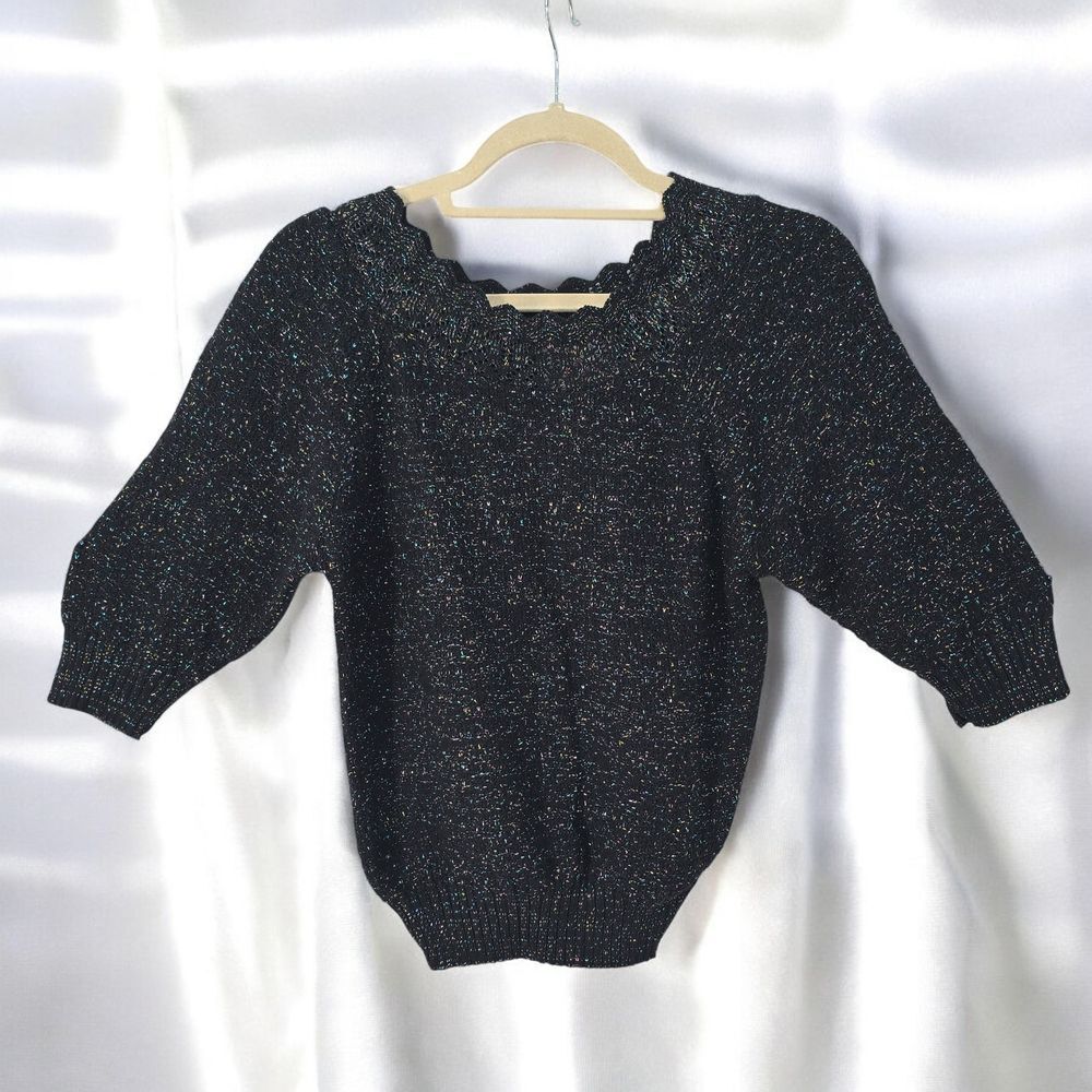 VTG Adele Knitwear Sweater Small Black Multi-Color Metallic Spark Puff 3/4 Sleev